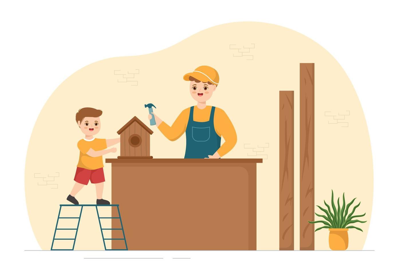 carpintería con corte de madera por artesanos y trabajadores de niños modernos que usan herramientas en una ilustración de plantilla dibujada a mano de dibujos animados planos vector