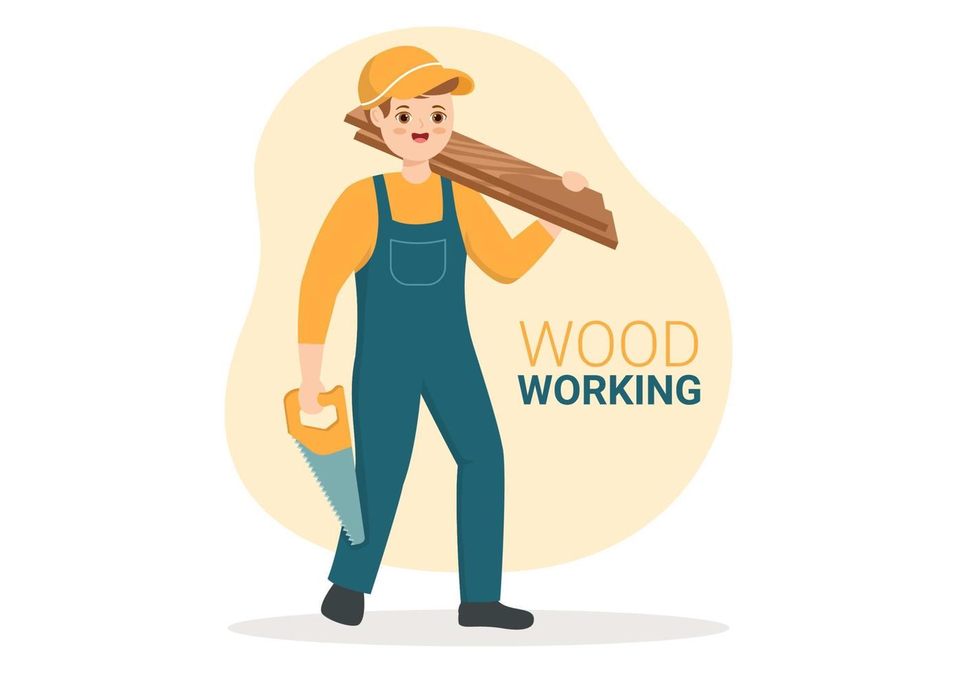 carpintería con corte de madera por artesanos modernos y trabajadores que usan herramientas en una ilustración de plantilla dibujada a mano de caricatura plana vector