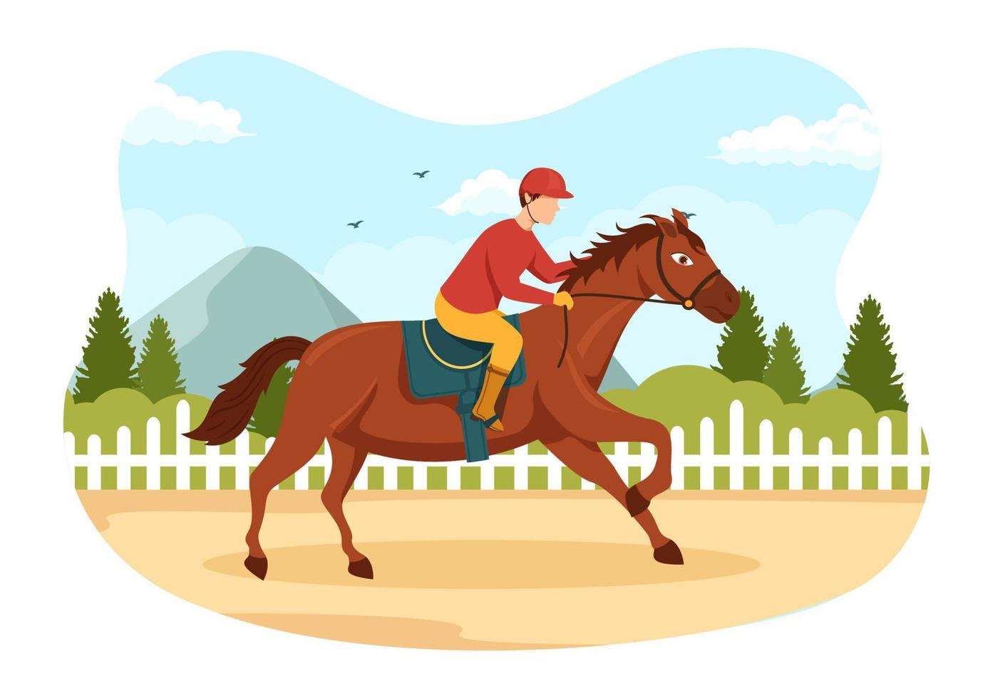 Equestrian Sport Horse Trainer with Training, Riding Lessons and Running Horses in Flat Cartoon Hand Drawn Template Illustration vector