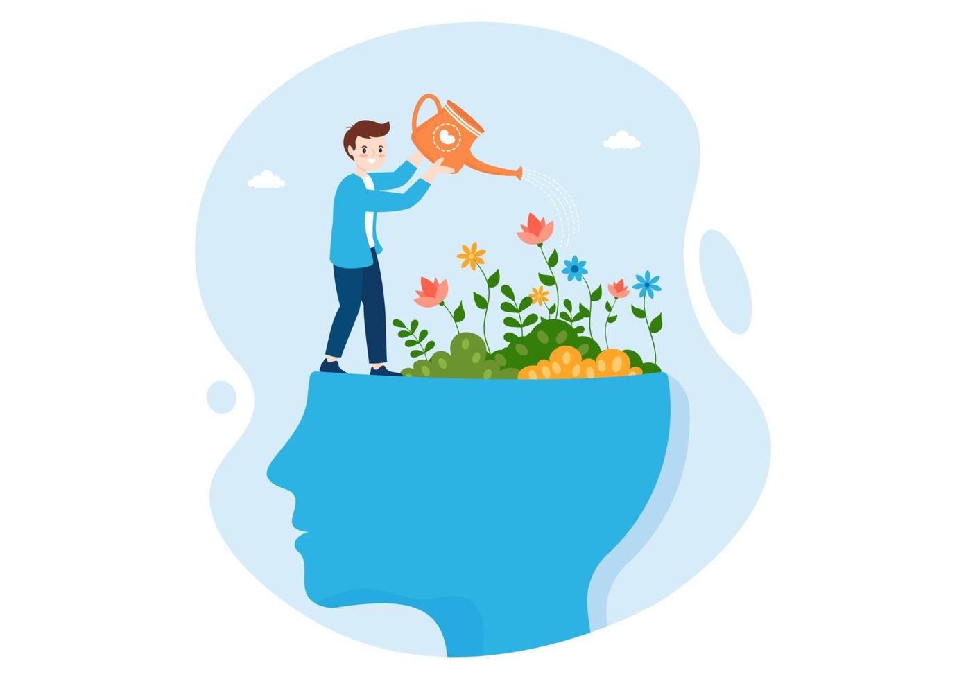 Personal Development with People Developing Mental Issues, Growth and Self Improvement as Plant in Flat Cartoon Hand Drawn Templates Illustration vector