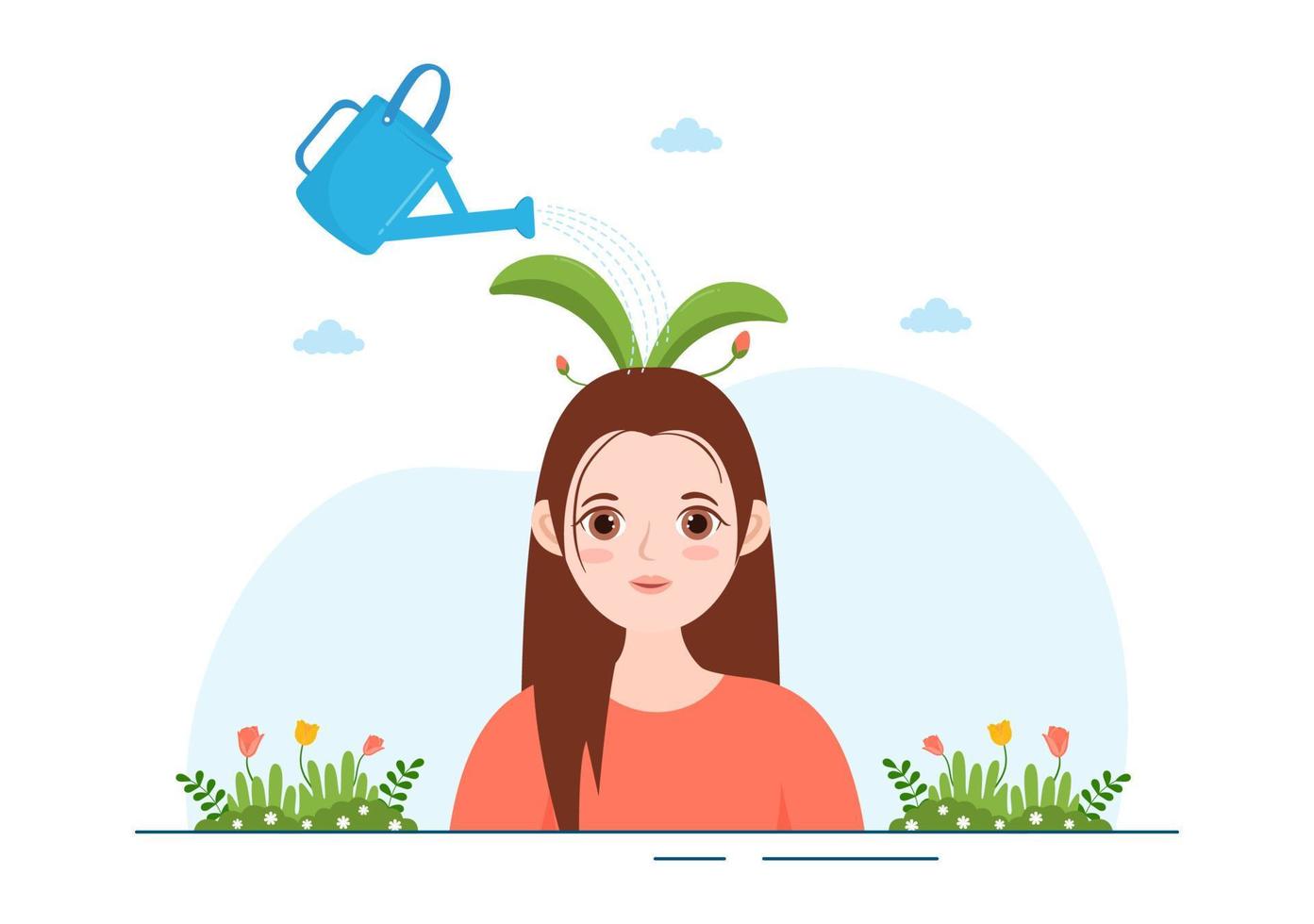 Personal Development with People Developing Mental Issues, Growth and Self Improvement as Plant in Flat Cartoon Hand Drawn Templates Illustration vector