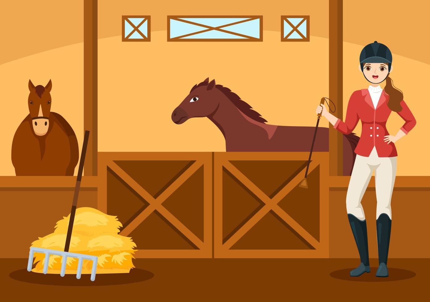 Equestrian Sport Horse Trainer with Training, Riding Lessons and Running Horses in Flat Cartoon Hand Drawn Template Illustration vector