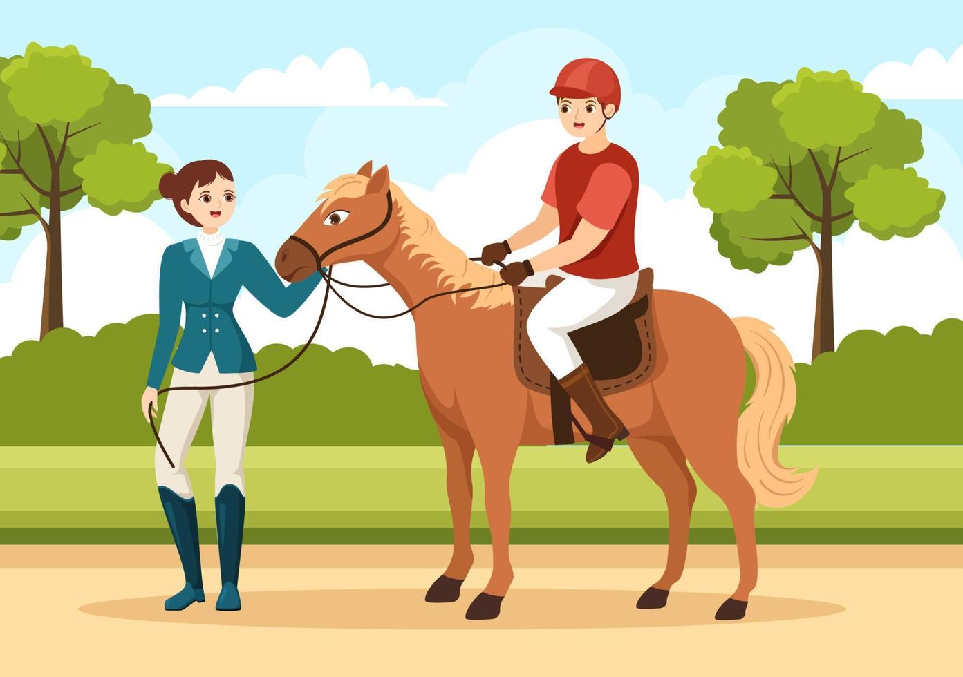 Equestrian Sport Horse Trainer with Training, Riding Lessons and Running Horses in Flat Cartoon Hand Drawn Template Illustration vector