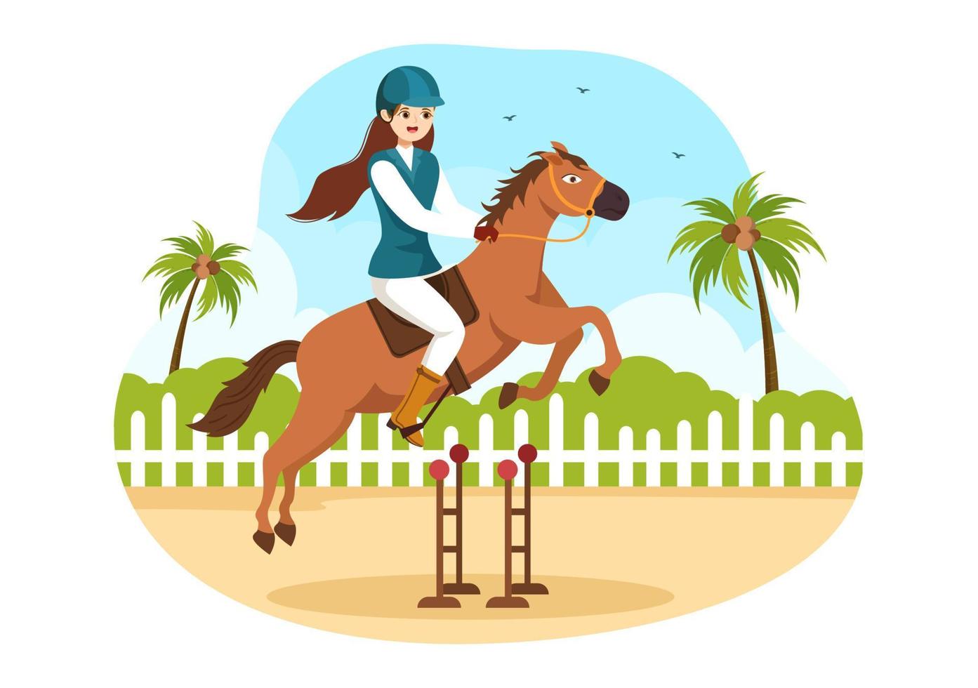 Equestrian Sport Horse Trainer with Training, Riding Lessons and Running Horses in Flat Cartoon Hand Drawn Template Illustration vector