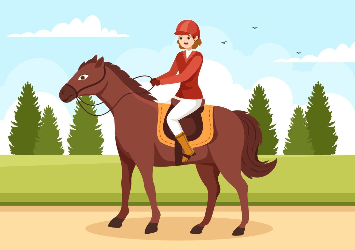 Equestrian Sport Horse Trainer with Training, Riding Lessons and Running Horses in Flat Cartoon Hand Drawn Template Illustration vector