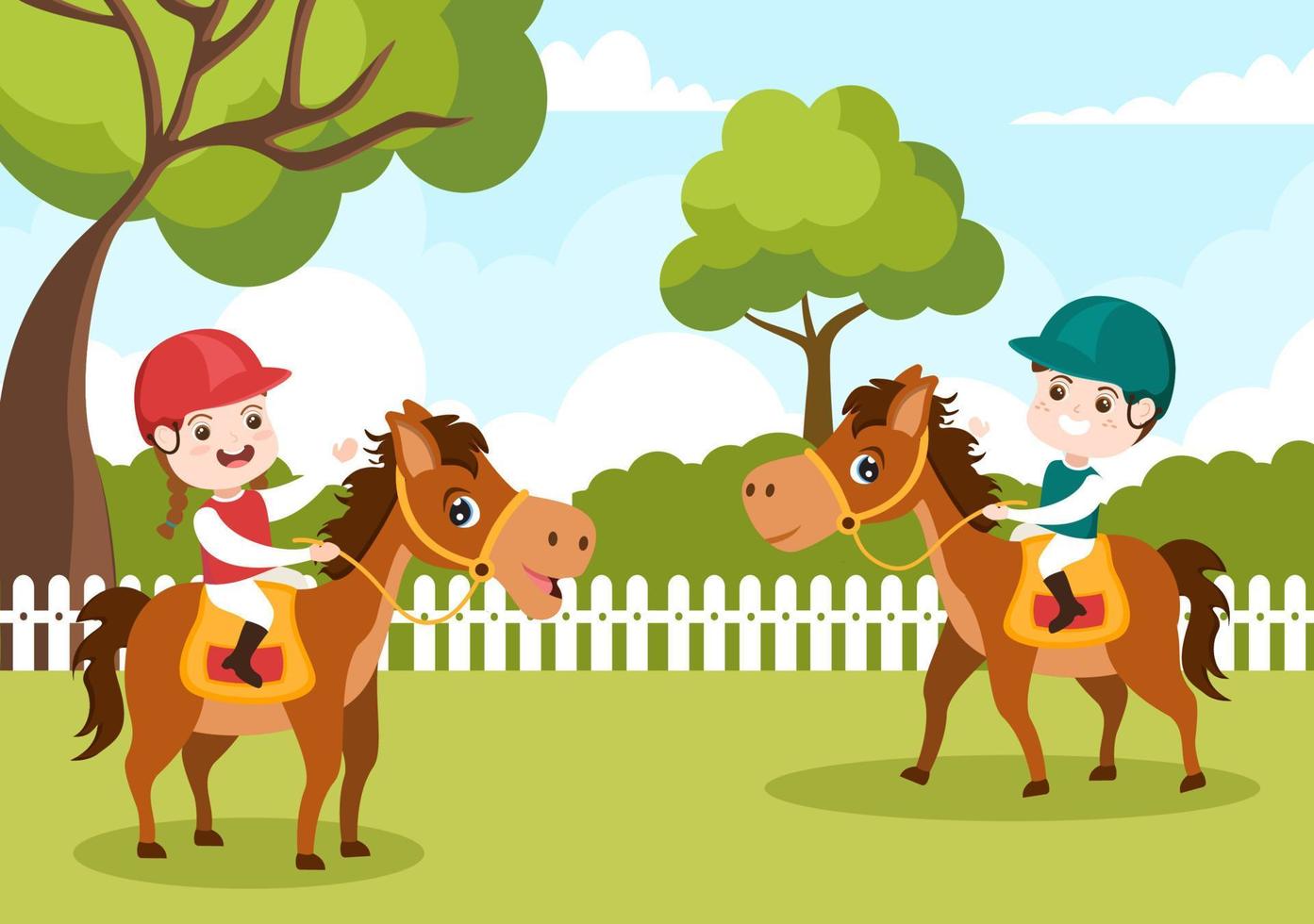 entrenador de caballos deportivos ecuestres con niños montando caballos y corriendo en ilustración de plantilla dibujada a mano de dibujos animados planos vector
