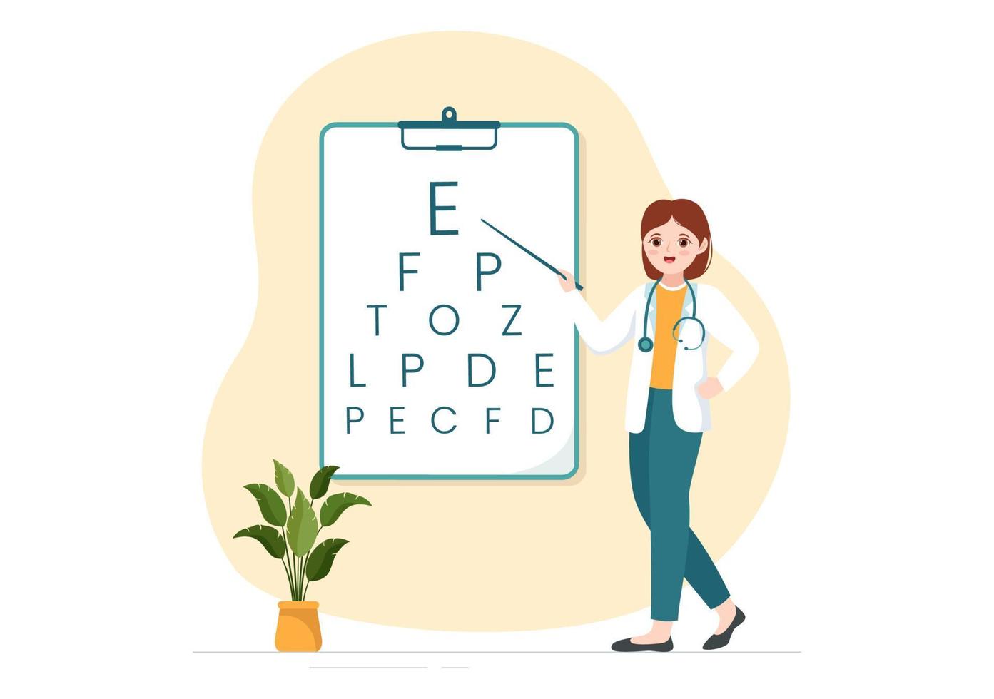 optometrista con oftalmólogo revisa la vista del paciente, la prueba ocular óptica y la tecnología de anteojos en dibujos animados planos dibujados a mano ilustración de plantillas vector