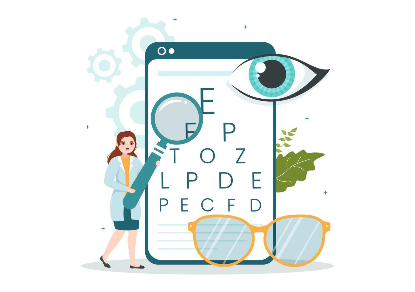 optometrista con oftalmólogo revisa la vista del paciente, la prueba ocular óptica y la tecnología de anteojos en dibujos animados planos dibujados a mano ilustración de plantillas vector