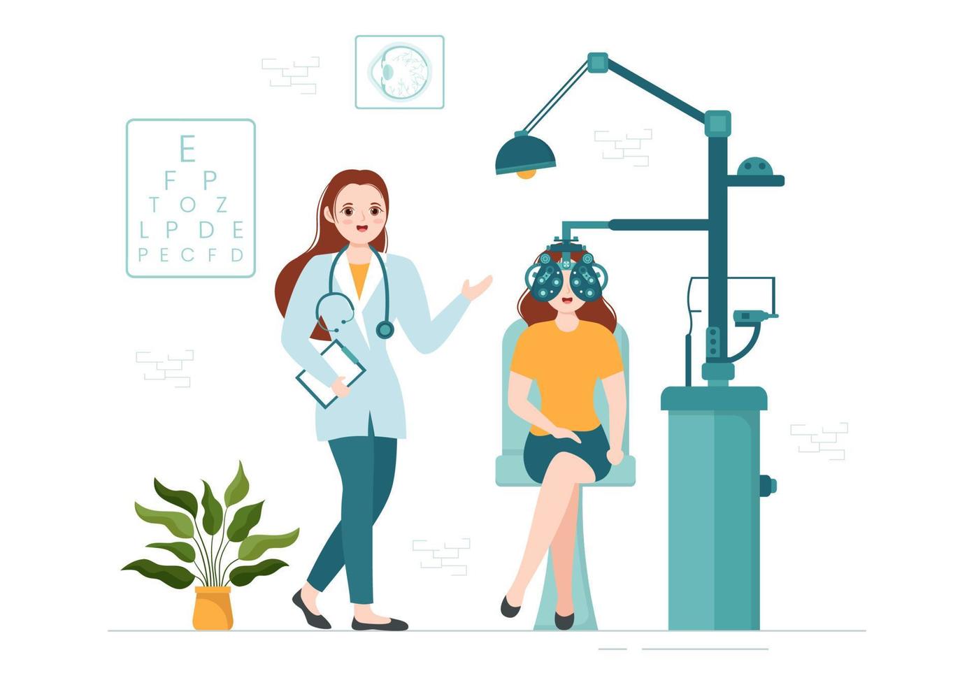 Optometrist with Ophthalmologist Checks Patient Sight, Optical Eye Test and Spectacles Technology in Flat Cartoon Hand Drawn Templates Illustration vector