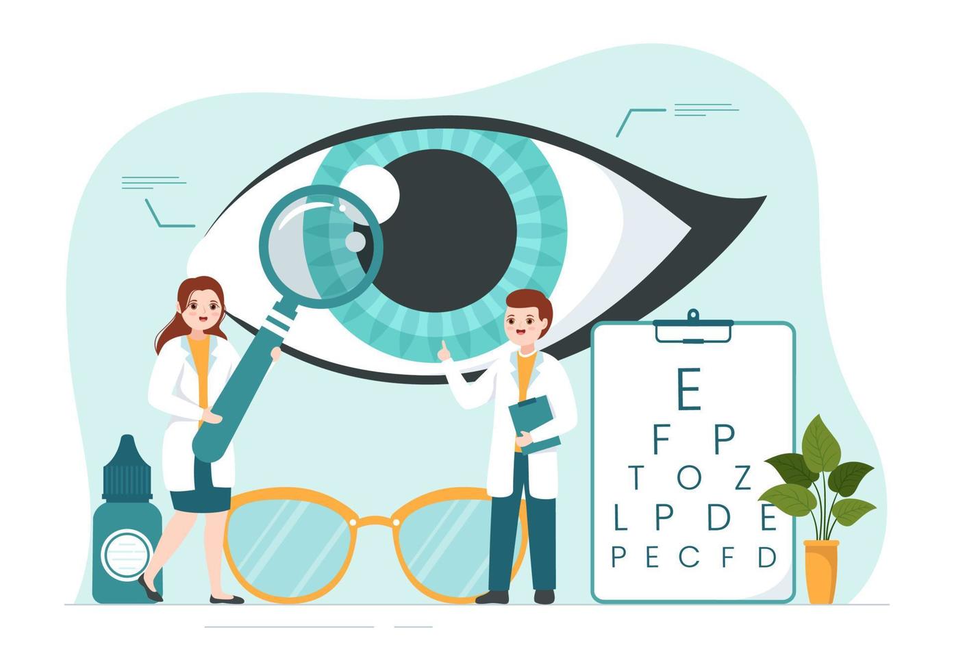 Optometrist with Ophthalmologist Checks Patient Sight, Optical Eye Test and Spectacles Technology in Flat Cartoon Hand Drawn Templates Illustration vector