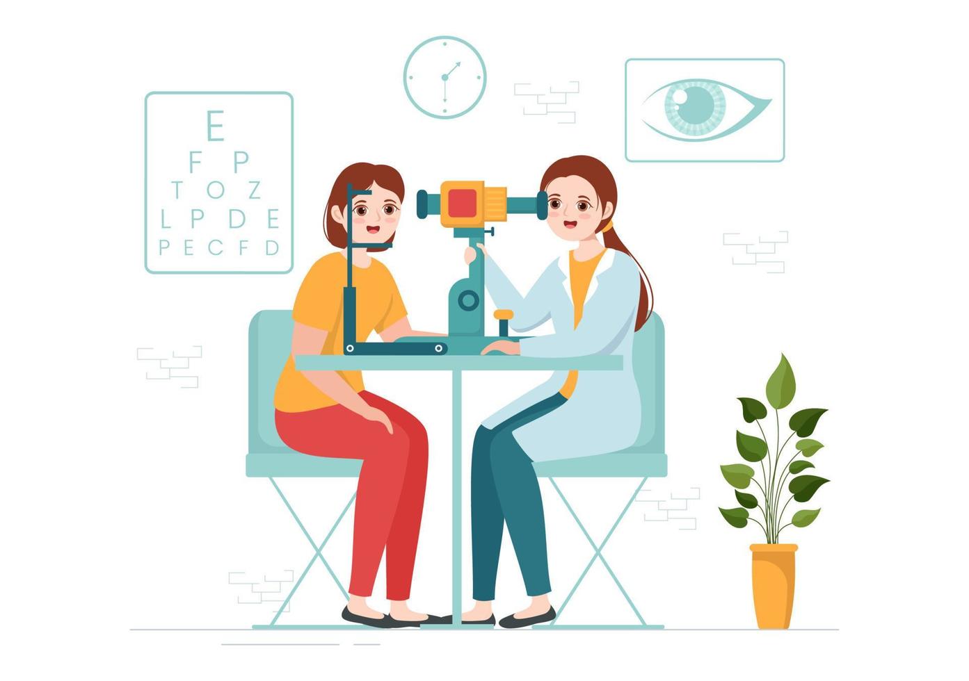 Optometrist with Ophthalmologist Checks Patient Sight, Optical Eye Test and Spectacles Technology in Flat Cartoon Hand Drawn Templates Illustration vector