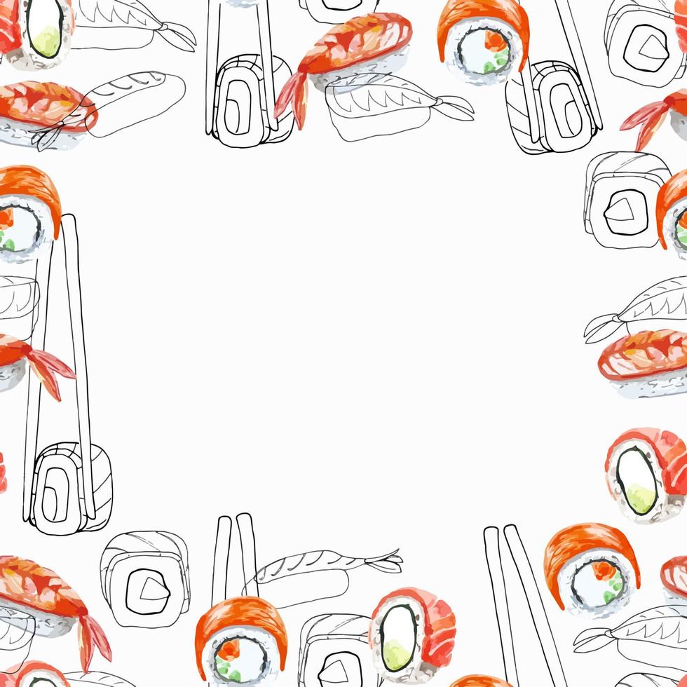 Doodle de marco estético de sushi y dibujos de acuarela para decoración, tela, invitaciones, menú vector