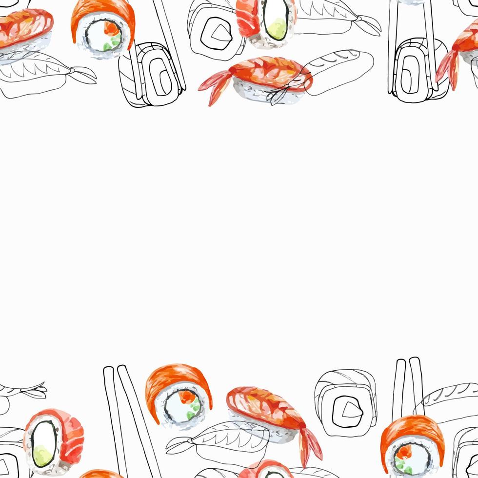 Seanless border asian restaurant seafood sushi doodle and watercolor illustration vector