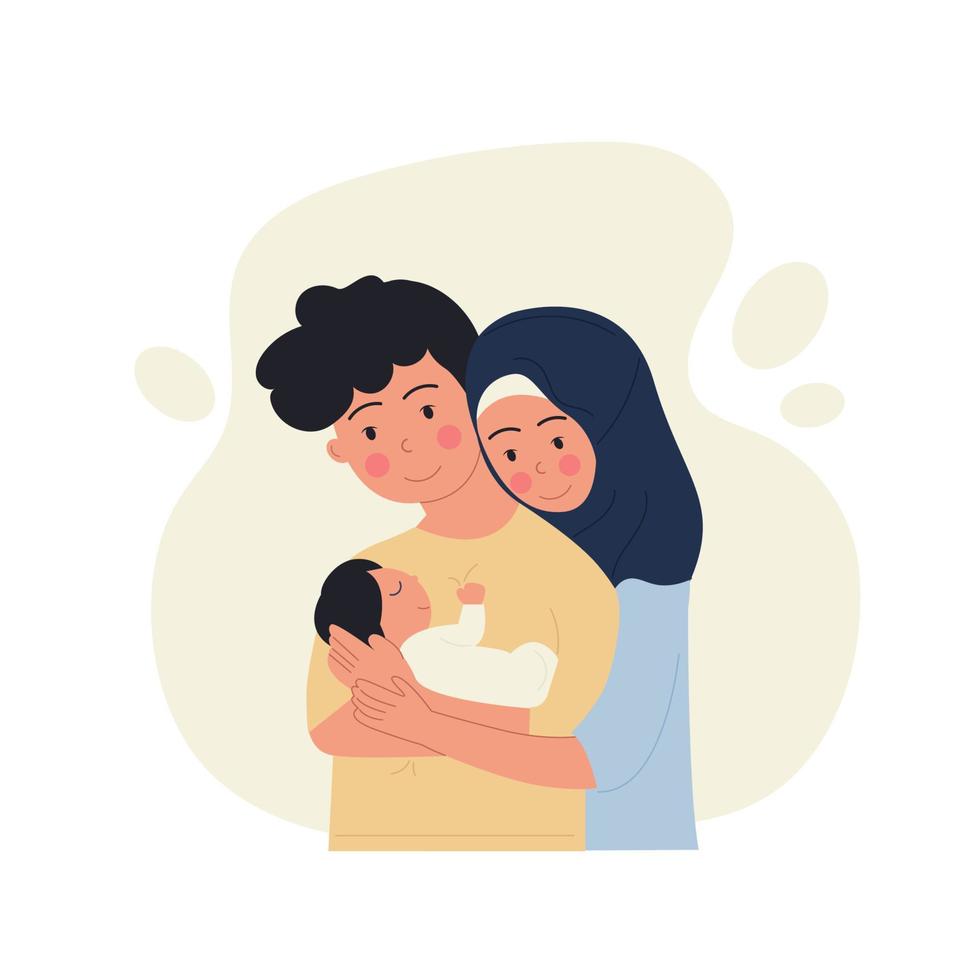 A Muslim couple, a man and a woman in hijab, holding a baby and a child vector