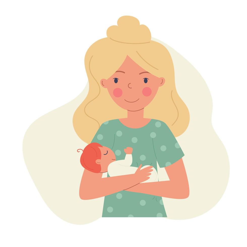 A blonde woman is holding a baby, a child. vector