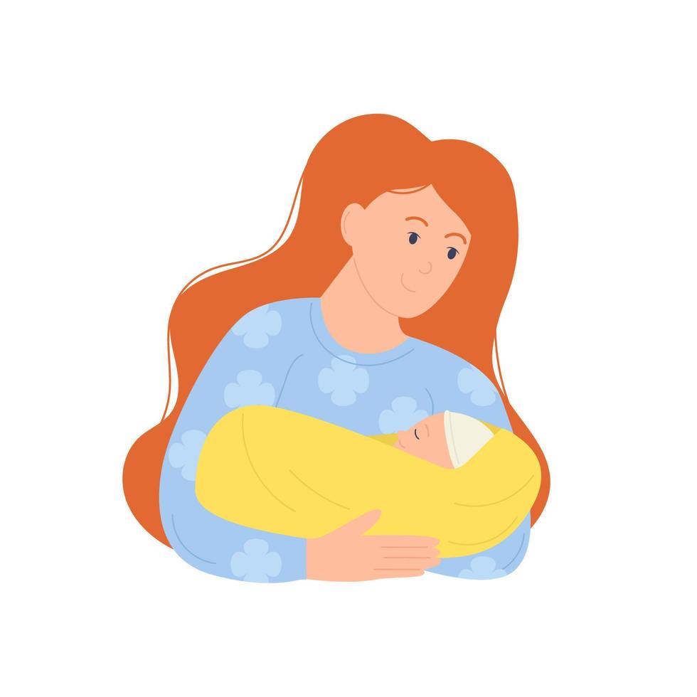 A red-haired woman holds a baby, a child in her arms. vector
