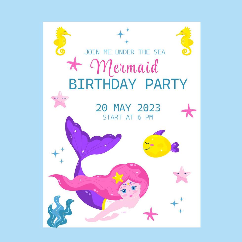 invitación a fiesta de cumpleaños sirena con pescado. vector