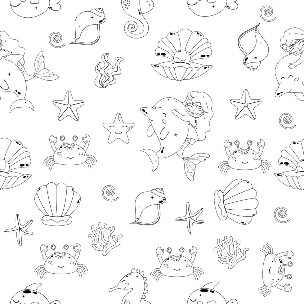 Seamless pattern mermaid and underwater world outline. Vector