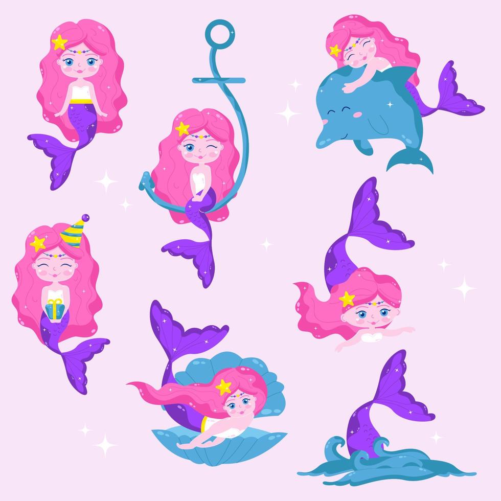 Collection of cartoon mermaid character. Vector