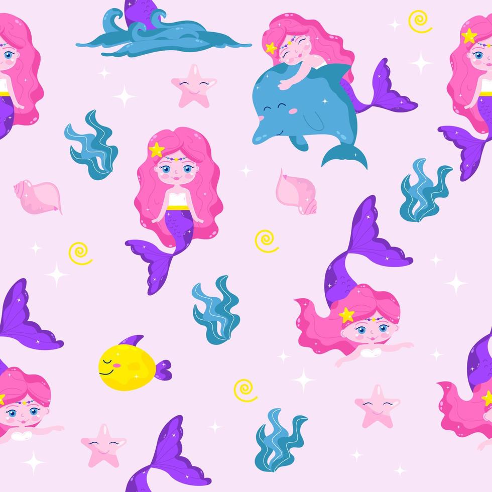 Seamless mermaid pattern in cartoon style vector