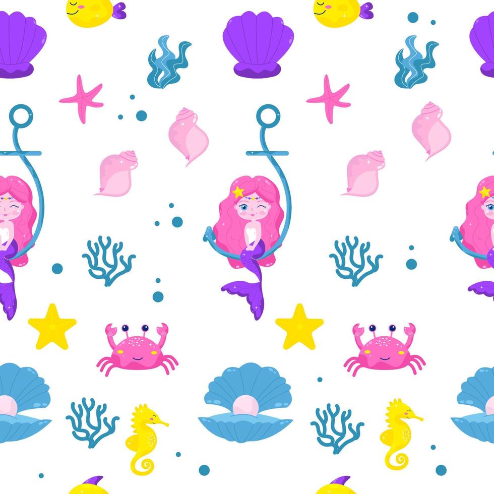 Seamless mermaid pattern and underwater world in cartoon style. Vector