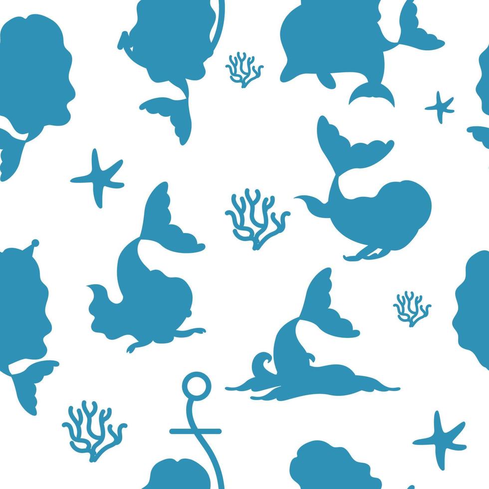 Seamless mermaid pattern and underwater world silhouette. Vector