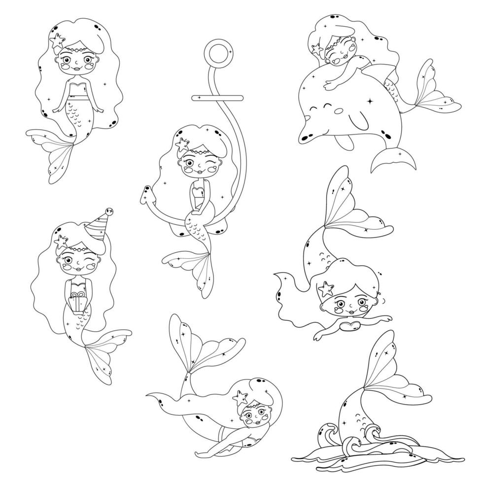 colección de contorno de dibujos animados del personaje de sirena. vector