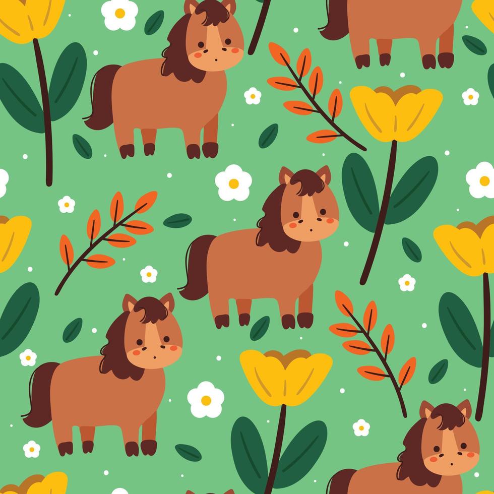 seamless pattern cartoon horse and flower. cute animal wallpaper for gift wrap paper vector