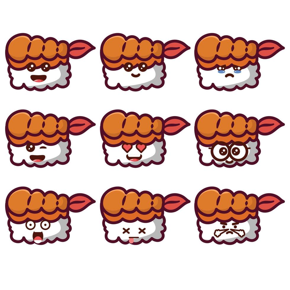 camarones sushi emoticonos cara kawaii vector