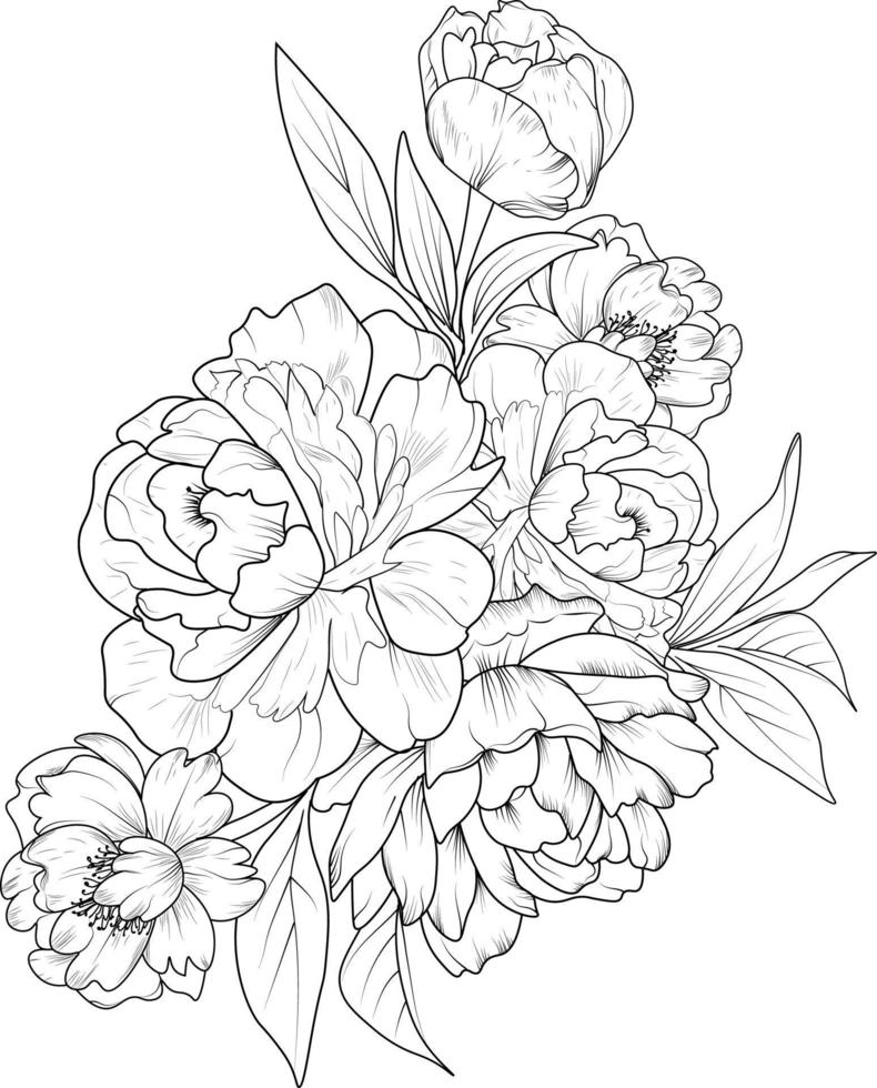 ramo de flores de peonía dibujo a lápiz dibujado a mano página para colorear y libro para adultos aislado sobre fondo blanco ilustración de elementos florales arte de tinta, diseño de vectores decorativos