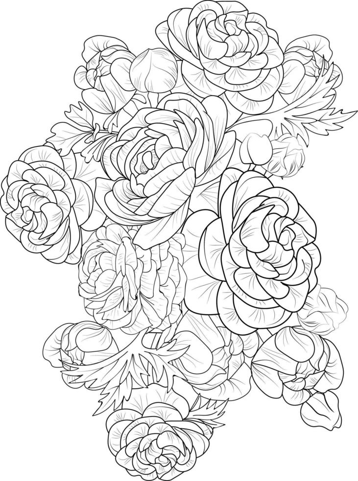 Beautiful monochrome black outline bouquet ranunchulus isolated on background. Hand-drawn. design greeting cards and invitations for the wedding, birthdays, Valentine's Day, mother's day and holiday. vector