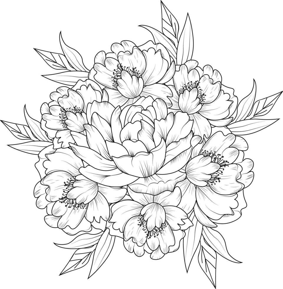 Bouquet of peony flower hand drawn pencil sketch coloring page and book for adults isolated on white background floral element illustration ink art, decorative vector design