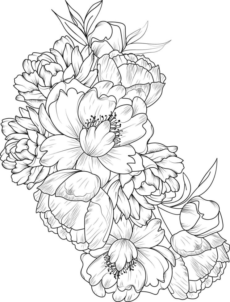 Peony flower. Black and white outline vector coloring book page for adults and children blossom peony with leaves, simplicity, Embellishment, and floral drawing.