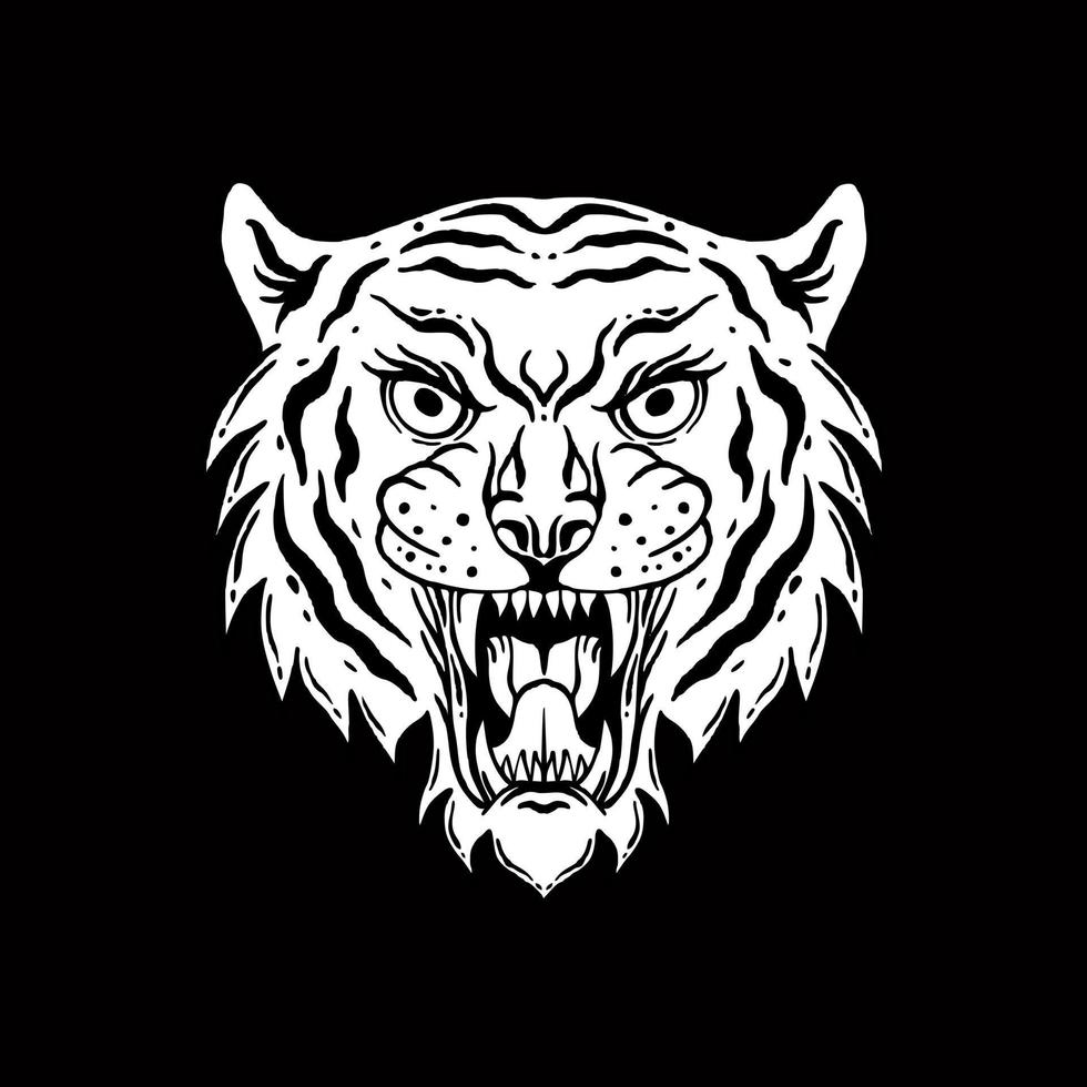 Tiger head art Illustration hand drawn black and white vector for tattoo, sticker, poster etc