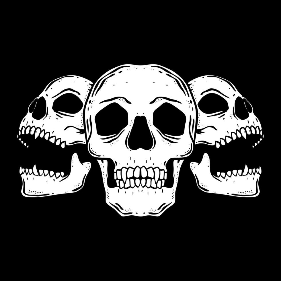 Skull art Illustration hand drawn black and white vector for tattoo, sticker, poster etc