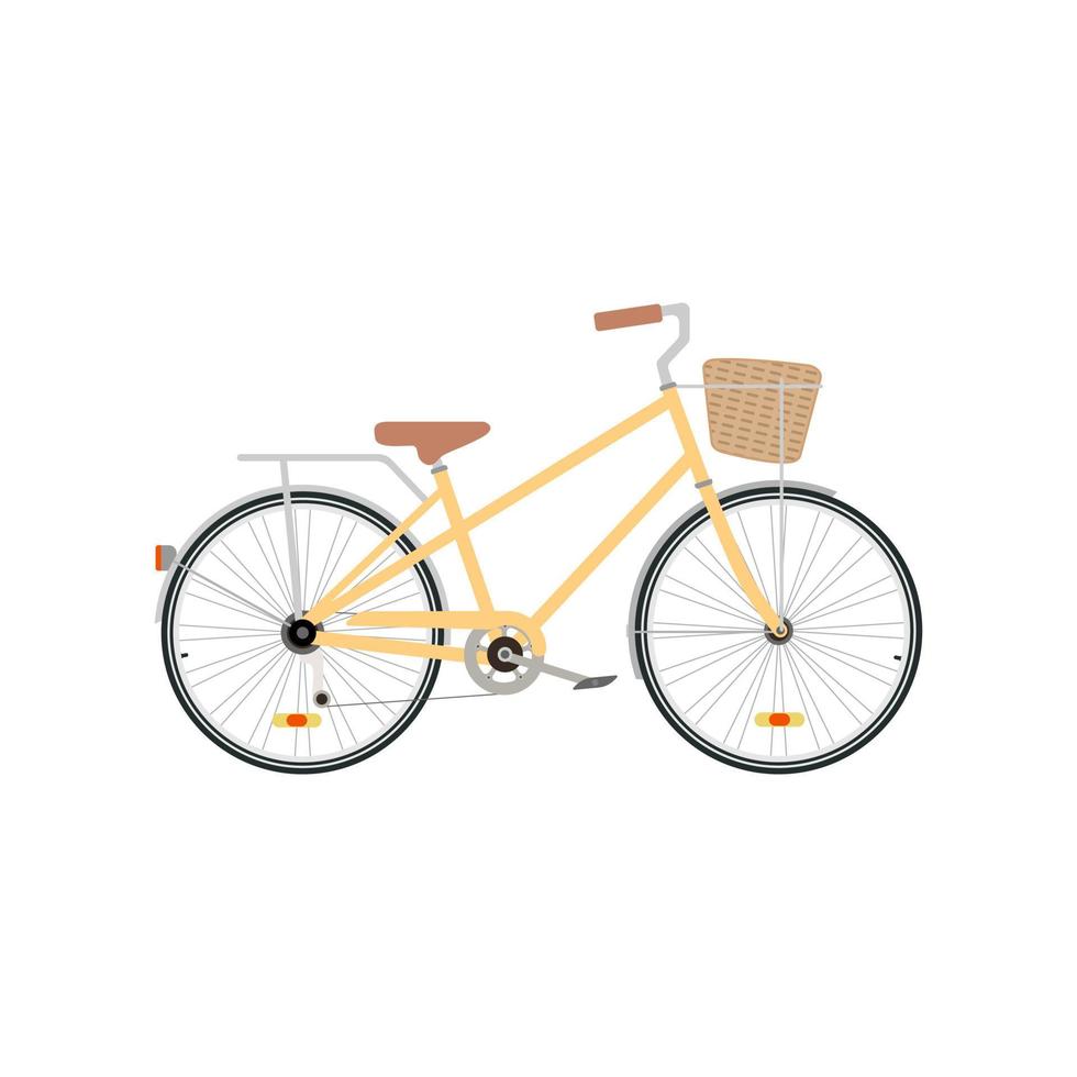 vintage bike flat design vector illustration. Cute women s bike with a low frame and basket in front. Vintage bicycle. Vector illustration in flat style.