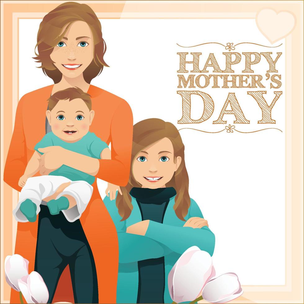 Happy Mother's Day. Smiling mom hugs her children. Mom, daughter, and son. Postcard for the holiday Mother's Day. vector