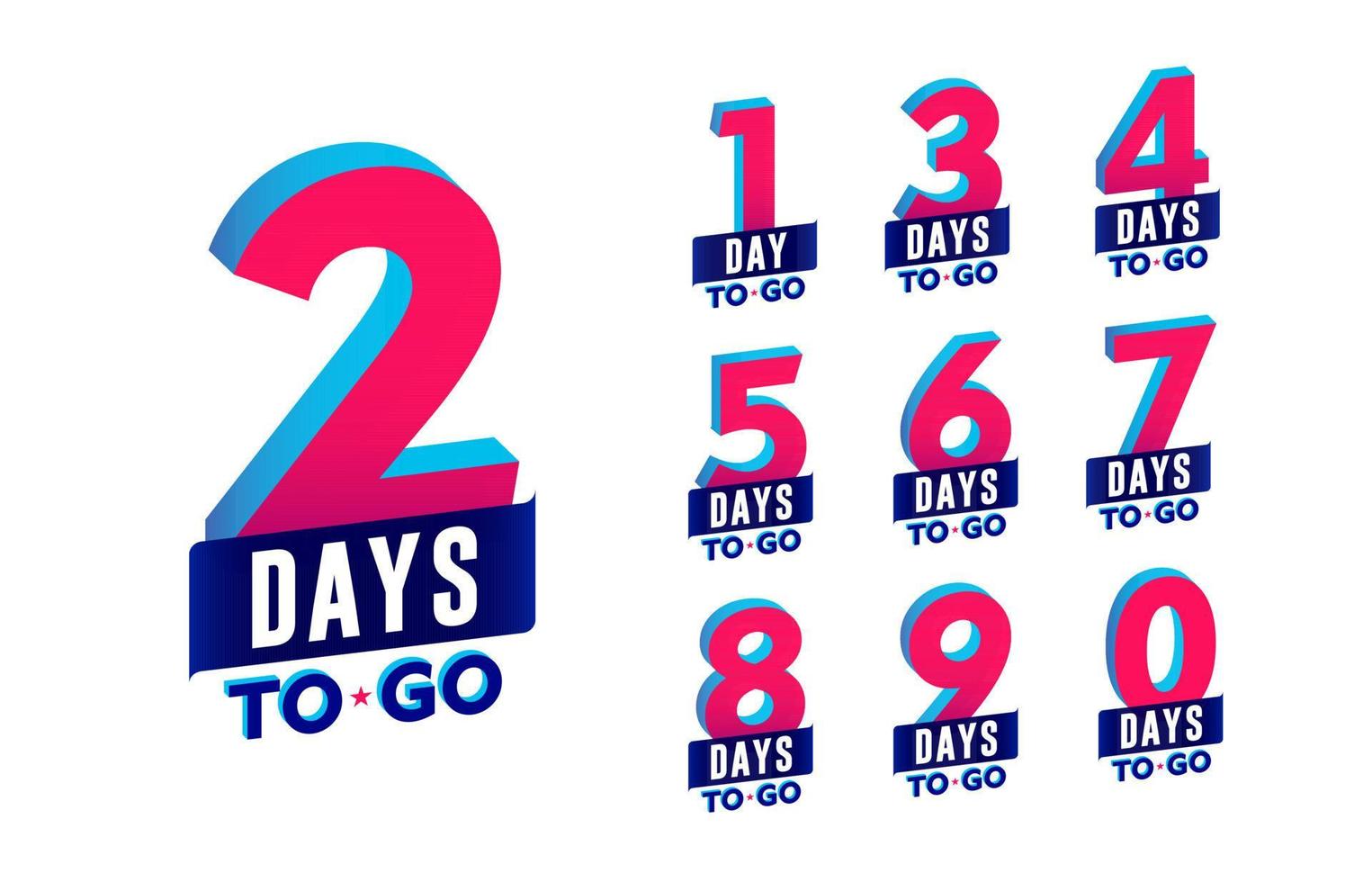 Vibrant 3d numbers of days to go. Promotion and stickers timer pack. vector