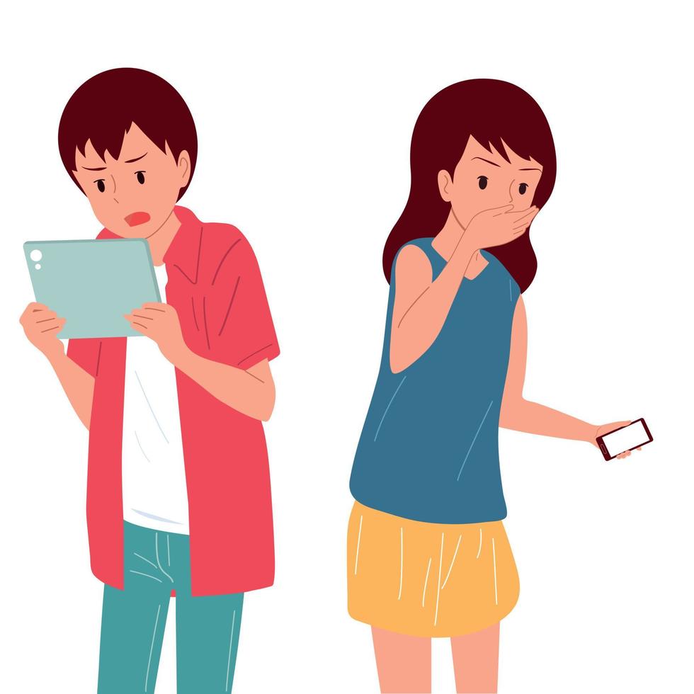 The guy and the girl are looking at the screen of the tablet. Emotions. vector