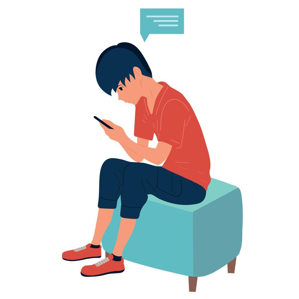 guy looks at the phone. Games, online work, media. Opportunity to earn money. Vector.bile vector
