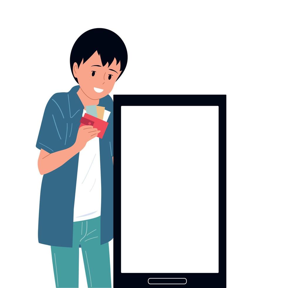 The guy holds a smartphone in his hands.Place for text. vector