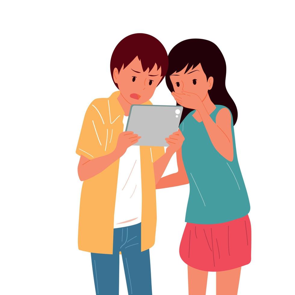 The guy and the girl are looking at the screen of the tablet. Emotions. vector