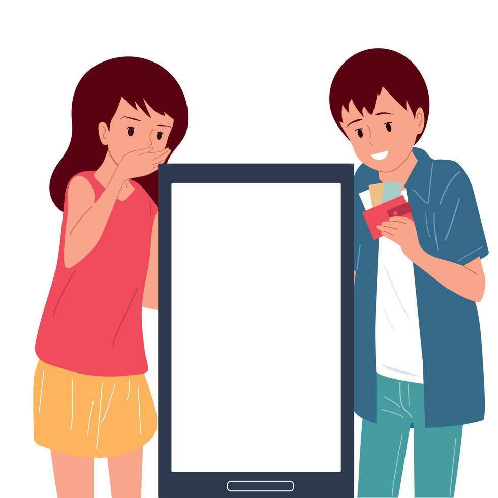 Guy, girl and smartphone. Place for text Emotions vector