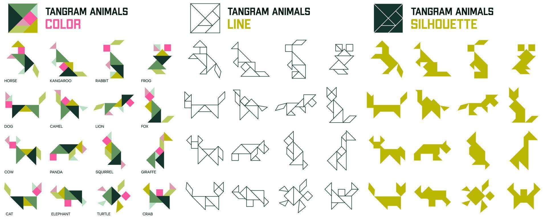Tangram puzzle. Set of tangram animals. Color, line and silhouette. Jigsaw for kids. Vector set. Vector illustration