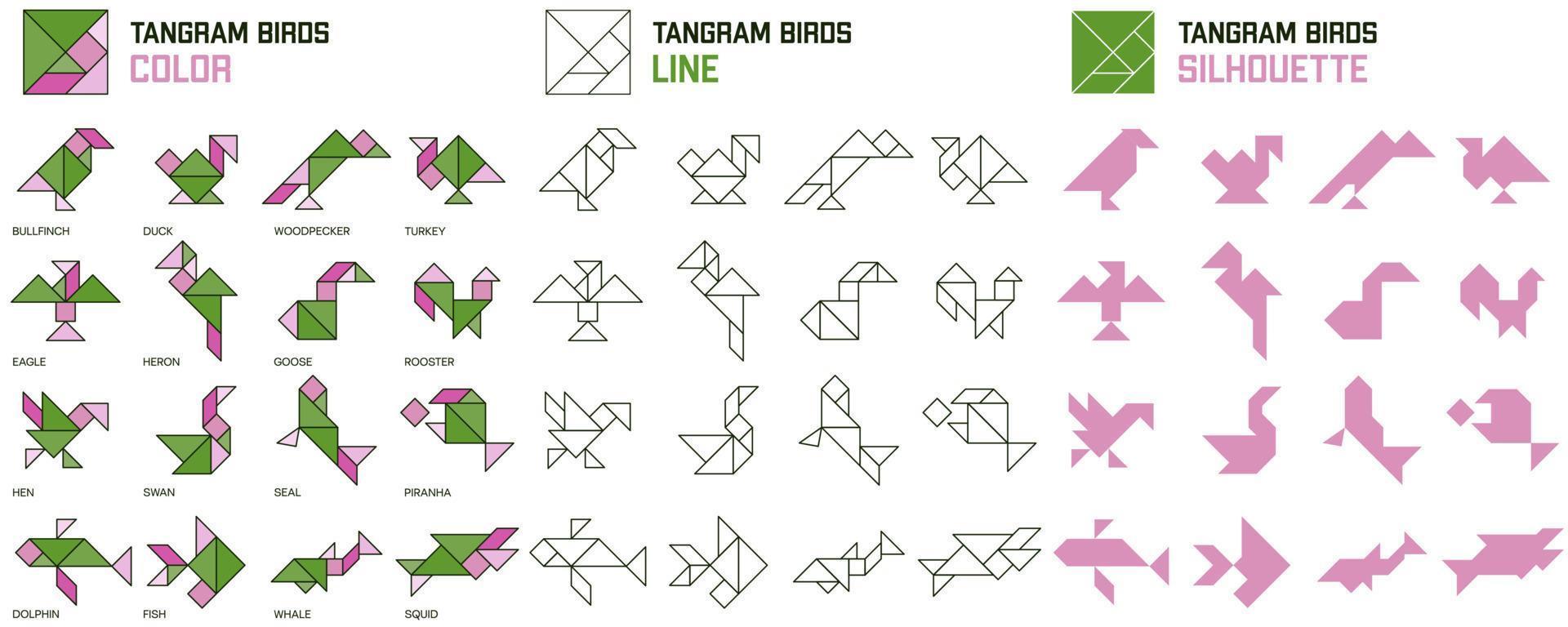 Tangram puzzle. Set of tangram Birds and Fish. Color, line and silhouette. Jigsaw for kids. Vector set. Vector illustration
