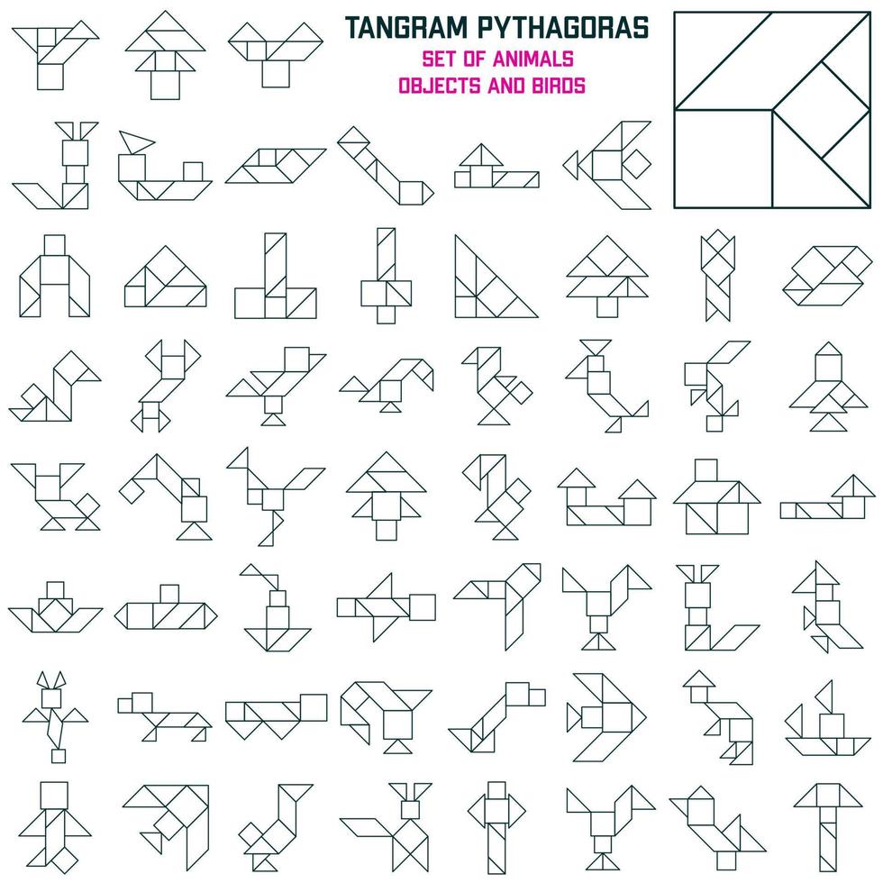 Puzzle game Pythagoras for children. Tangram. Pythagoras square. Schemas with different animals, birds and objects. Vector illustration