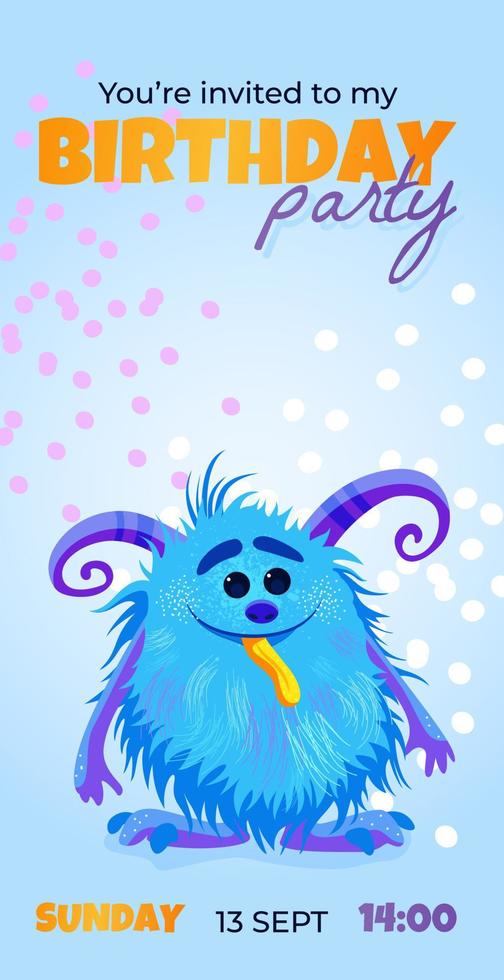 invitation card to Birthday party template with cute cartoon Monster. Invitation for kids. Vector illustration