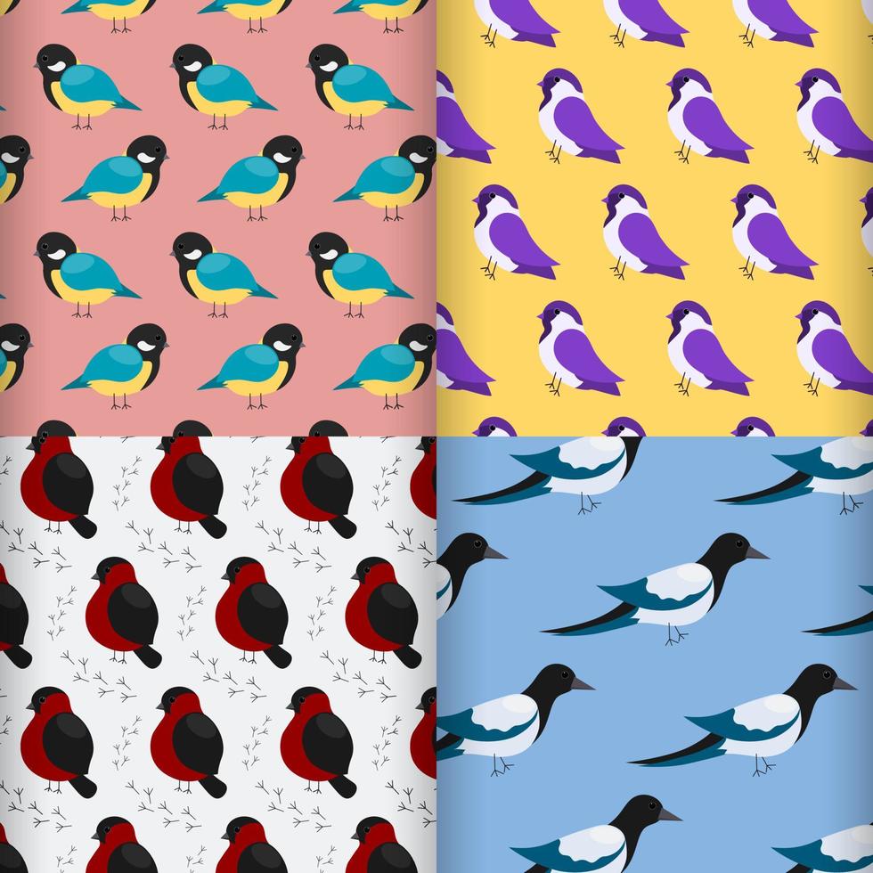 Set of cute seamless patterns with wintering birds. Colorful patterns for any use. Vector illustration