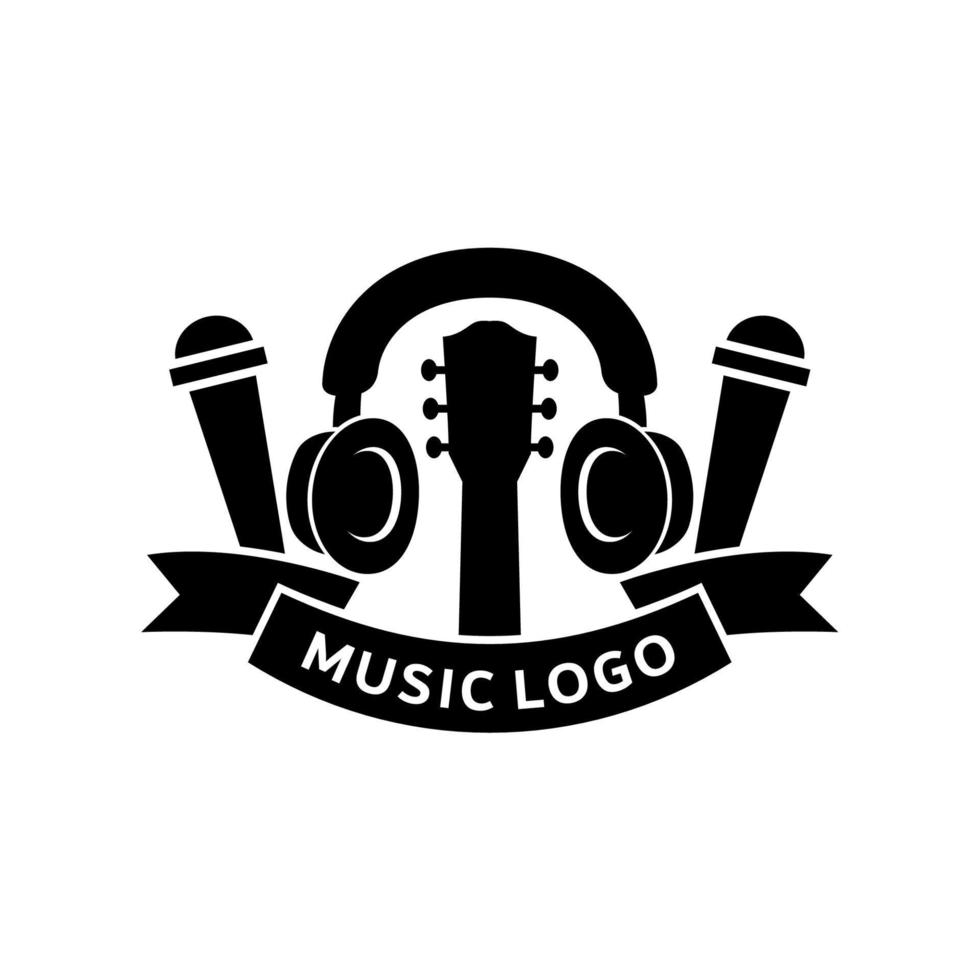 plantilla de logotipo de música con auriculares, guitarra y micrófono. logotipo de la música vector