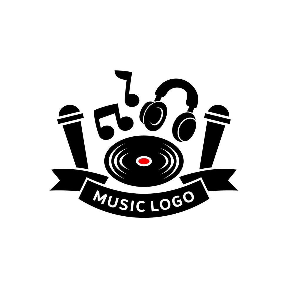 Music logo template Using Headphone, Vinyl and microphone vector